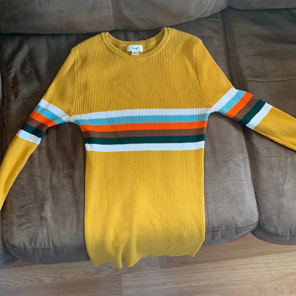 Long sleeve Mustard shirt with White blue red brown green stripes